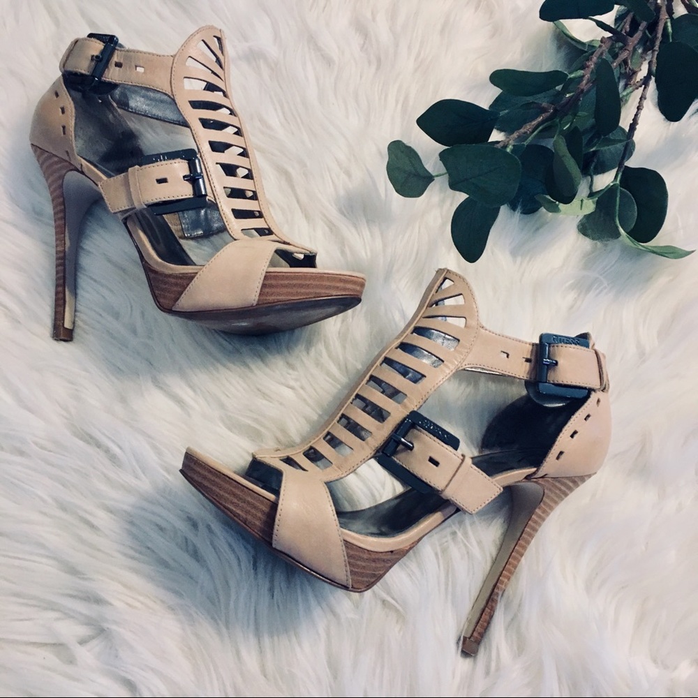 Gorgeous Tan Buckle Wooden High Heels